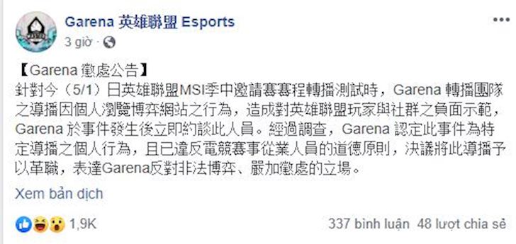 Biến căng: Nhân viên Garena Đài Loan bật cá cược khi phát sóng nên VETV phải ngừng phát MSI
